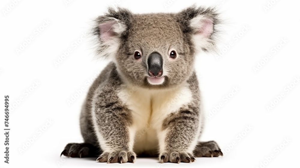 Fototapeta premium Young koala, Phascolarctos cinereus, 14 months old, sitting in front of white background