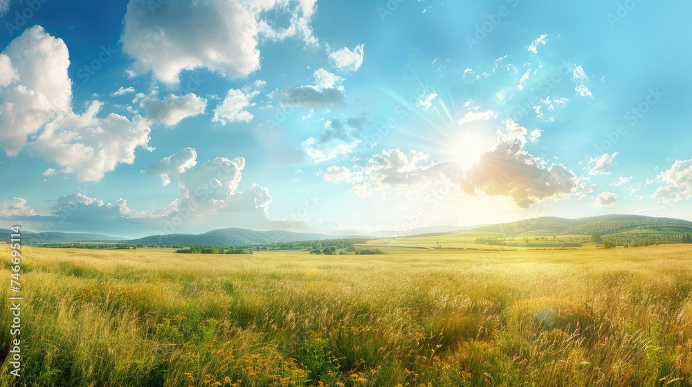 Obraz premium Wheat field against a blue sky, capturing the golden crops of harvest season in a rural landscape.