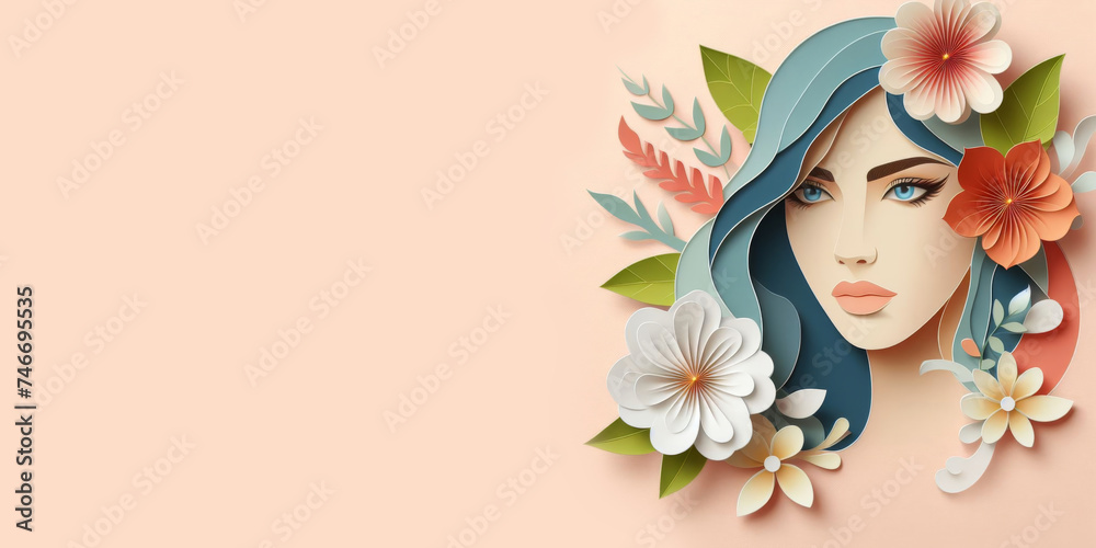 Abstract composition of paper flowers and a girl on a pink background with copy space for the holiday of International Women's Day and Mother's Day.