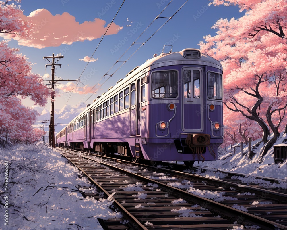 an train passes by a train track in a winter, in the style of white and purple, use of traditional artistic techniques, uhd image, traincore