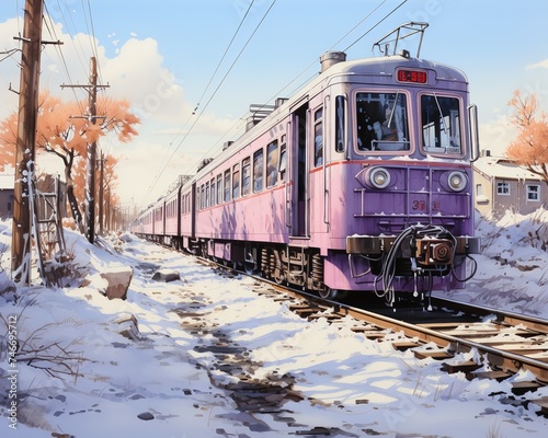 an train passes by a train track in a winter, in the style of white and purple, use of traditional artistic techniques, uhd image, traincore photo