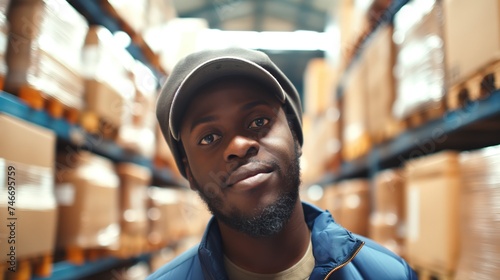 Young african american man as warehouse manager or worker in logistics districution delivery centre looking at camera surrounded by parcels and big cardboard boxes © Wendy2001