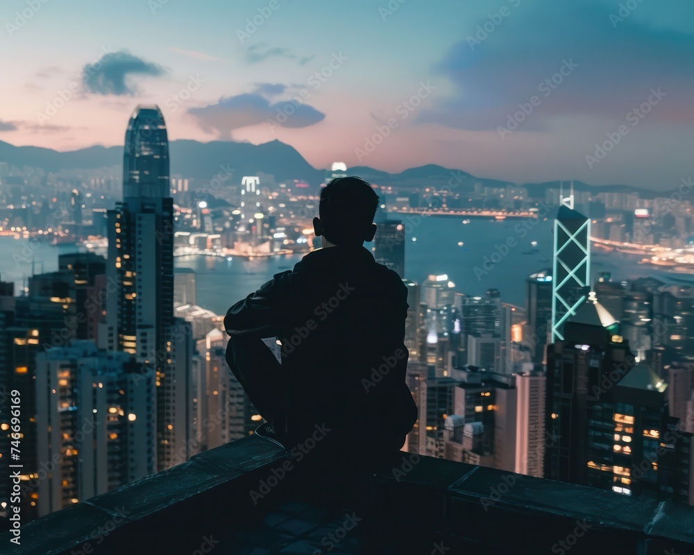 Man Contemplating Cityscape at Twilight