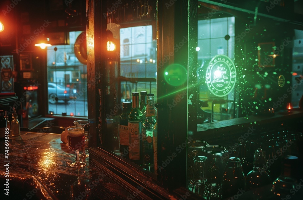 Realistic indoor color photograph of a darkened bar with glass reflections and a view through a window to a city street. From the series “The Strip.