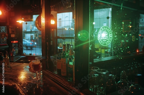 Realistic indoor color photograph of a darkened bar with glass reflections and a view through a window to a city street. From the series “The Strip."