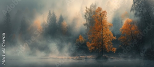 A painting depicting a tranquil lake surrounded by trees in the background, set against a misty autumn morning fog. The serene landscape captures the essence of a peaceful nature scene.