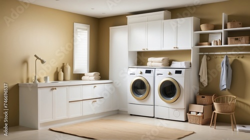  A Beautiful laundry room with a long narrow space, washing machine in the kitchen