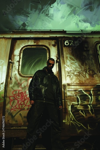 Realistic color photograph of a menacing-looking young man in a long leather coat standing outside a subway car covered with graffiti, tense, dangerous vibe. From the series “Trouble."