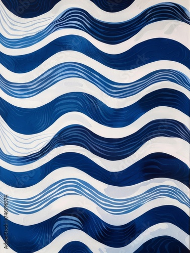 Blue and White Abstract Painting With Wavy Lines. Printable Wall Art.