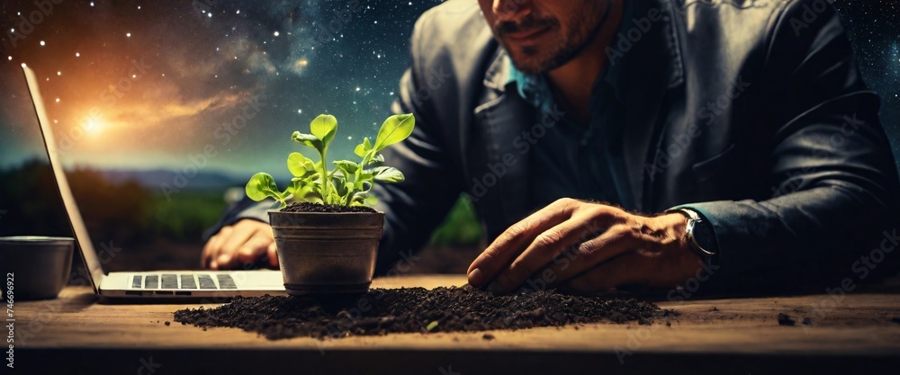 Expert hand of farmer checking soil health before growth a seed of vegetable or plant seedling, Business or ecology concept, businessman working with laptop sitting at desk