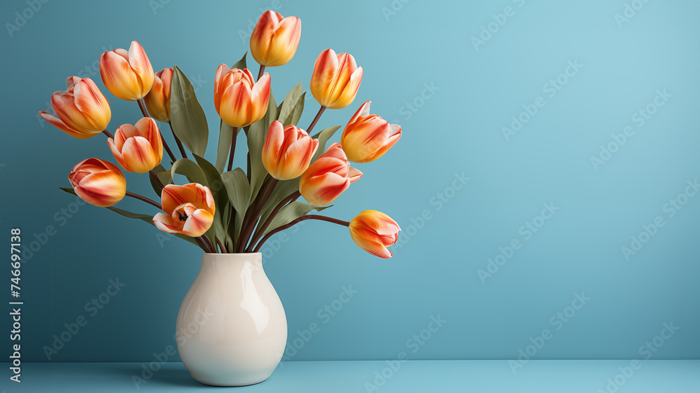 Orange tulips in vase on  blue background with copy space - obrazy, fototapety, plakaty 