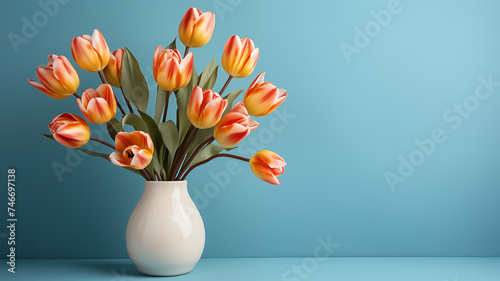 Orange tulips in vase on  blue background with copy space