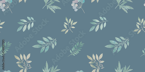 seamless botanical pattern, watercolor green leaves on a blue background
