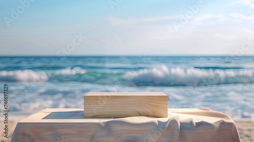 Tropical branding: Empty wooden podium on a table over a tropical beach bokeh background, creating a summer mockup for design and product display. © pvl0707