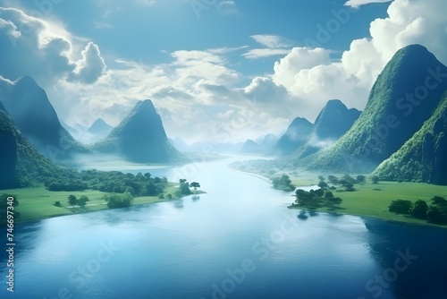 Mountain karst with water valley clean sky background AI Generated
 photo