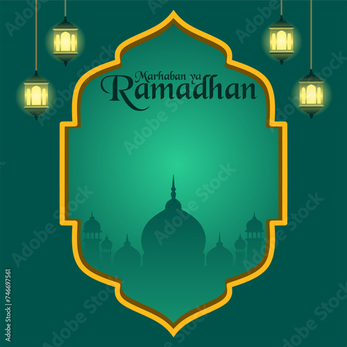 Marhaban ya Ramadhan
greeting card design with Islamic frame decoration, lanterns and mosque silhouette in the middle