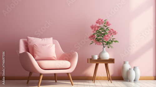 Glamorous interior in pink tones with an armchair and table and light from the window