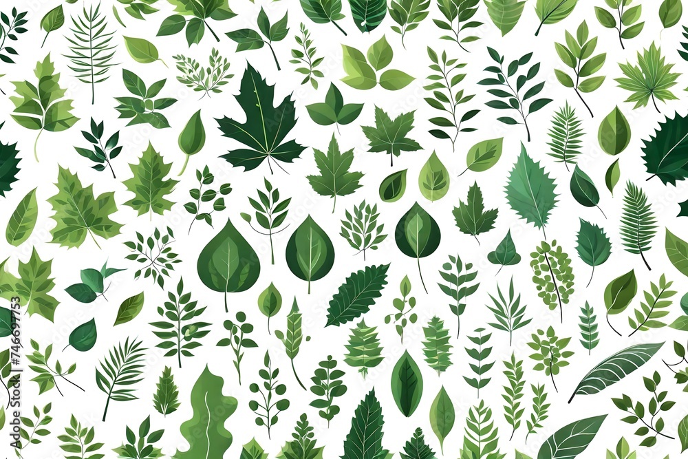 Leaves icon vector set isolated on white background. Various shapes of green leaves of trees and plants set of isolated green leaves vector icon design on white background. Various shapes of green lea - obrazy, fototapety, plakaty 