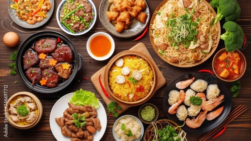 Traditional Chinese dishes assortment on the wooden table, top view.