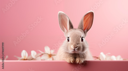 Cute Easter bunny on pink background with copy space