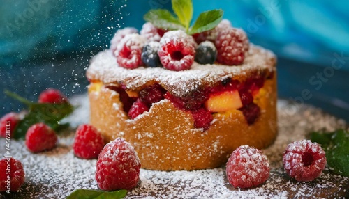 Beautiful tasty cake or cake with raspberries and fruits sprinkled with powdered sugar