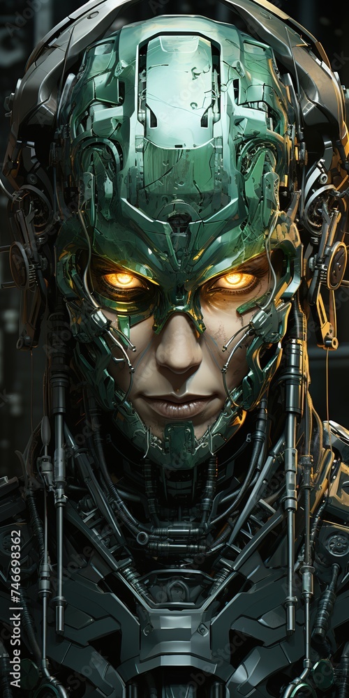 an image displaying a skull with green eyes, in the style of futuristic robots, dimensional multilayering, gamercore, neo-op, 8k, strong emotional impact an image displaying a skull with green eyes, in the style of futuristic robots, dimensional multilayering, gamercore, neo-op, 8k, strong emotional impact