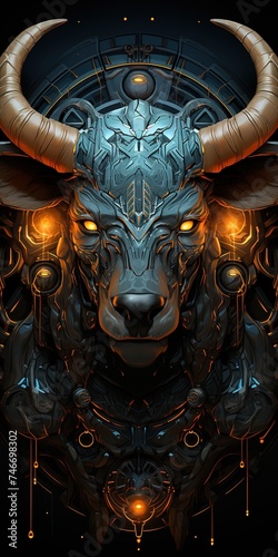 an illustration about a bull with horns and lights, in the style of cyberpunk futurism, dark bronze and turquoise, 32k uhd, dark silver and light orange, anime, vfxfriday, symmetrical design