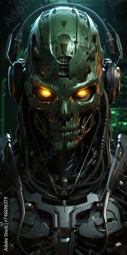 an image displaying a skull with green eyes, in the style of futuristic robots, dimensional multilayering, gamercore, neo-op, 8k, strong emotional impact