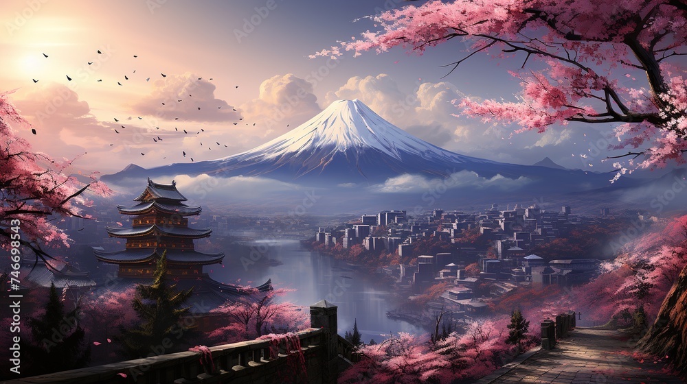 an image in front of cherry blossoms with mount, in the style of elaborate facades, mountainous vistas, enchanting realms, detailed world-building - obrazy, fototapety, plakaty 