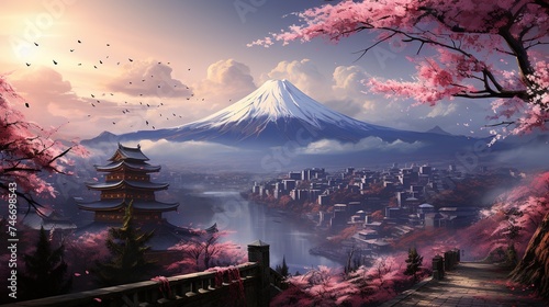 an image in front of cherry blossoms with mount, in the style of elaborate facades, mountainous vistas, enchanting realms, detailed world-building photo
