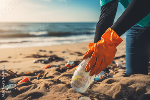 Person picking up plastic bottles that pollute beaches. Recycling, environment problems, global plastics pollution.