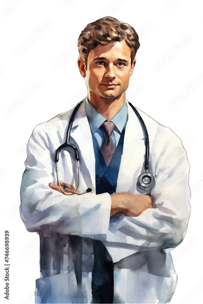 Fototapeta premium watercolor doctor with his arms crossed png / transparent