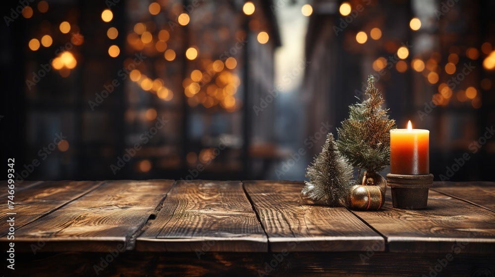 an image of a wooden table with a christmas tree is shown, in the style of blurred imagery, light red and dark brown, commission for, photobash, dark silver and yellow, rtx on, rusticcore - obrazy, fototapety, plakaty 