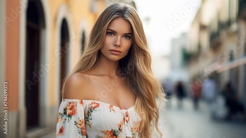 Portrait of a beautiful young woman with long blonde hair in a floral dress. Caucasian woman walking through the streets of Europe. Travel concept.