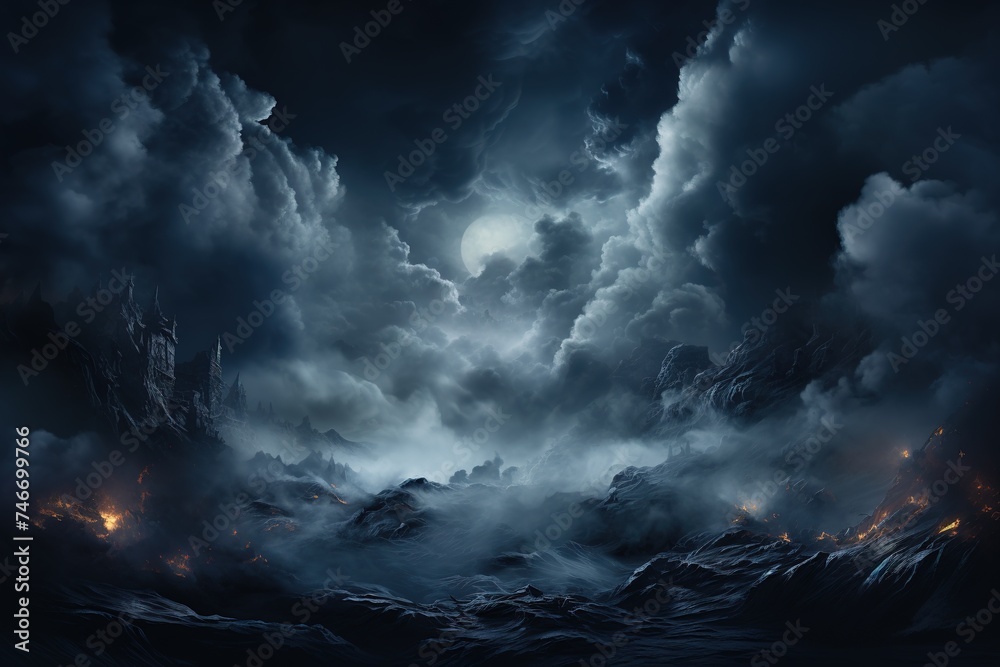 an image of black background with smoke, in the style of photo-realistic landscapes, mysterious backdrops, post-apocalyptic backdrops, light silver and light navy, vibrant stage backdrops, romantic mo