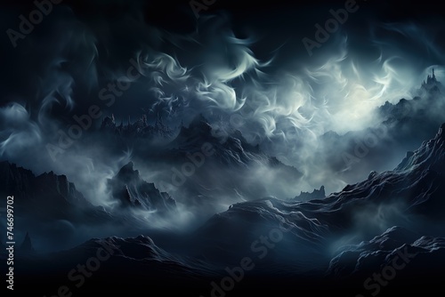 an image of black background with smoke, in the style of photo-realistic landscapes, mysterious backdrops, post-apocalyptic backdrops, light silver and light navy, vibrant stage backdrops, romantic mo