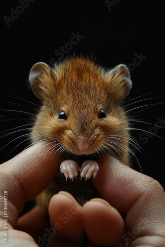 A cozy palm cradles a small mouse with twitching whiskers and detailed fur, its paws and tail depicted realistically. © Fokasu Art