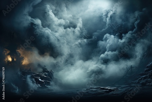 an image of black background with smoke, in the style of photo-realistic landscapes, mysterious backdrops, post-apocalyptic backdrops, light silver and light navy, vibrant stage backdrops, romantic mo photo