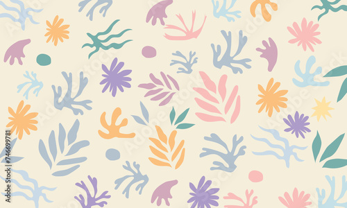 Hand drawn Abstract plant leaf art seamless pattern with colorful freehand doodle collage. Organic leaves cartoon background  simple nature shapes in vintage pastel colors.