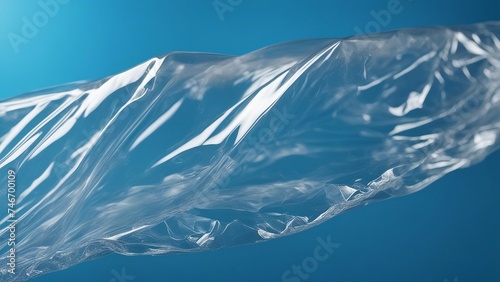 A realistic illustration of a wrinkled plastic wrap on a blue background. The plastic wrap is clear 