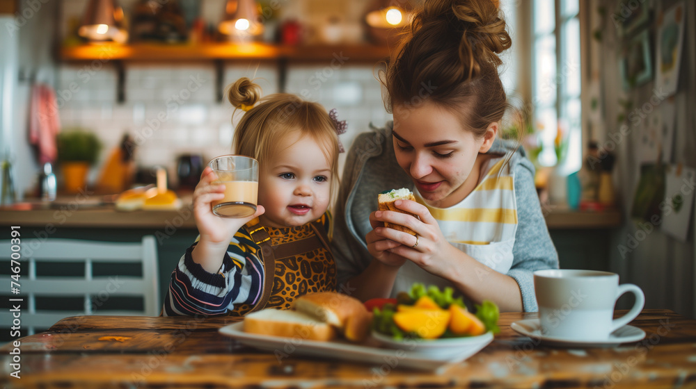 Beautiful young mom and little preschool kid having breakfast at home, sitting at kitchen table, drinking hot beverage, eating sandwiches with fresh vegetables. Mother feeding child: Beautiful young mom and little preschool kid having breakfast at home, sitting at kitchen table, drinking hot beverage, eating sandwiches with fresh vegetables. Mother feeding child:
