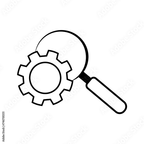 illustration icon vector graphic of setting under magnifying glass ,line sign on white beckground