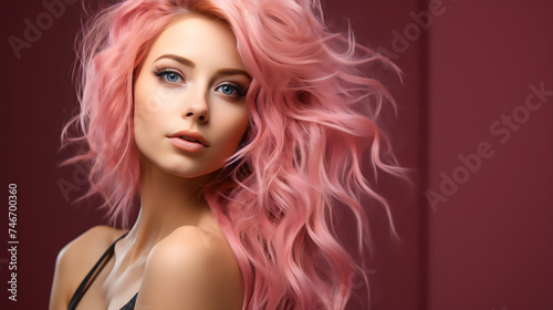 Studio Portrait of a Beautiful georgious model Girl with pink hair color, Standing against plane wall, Product model advertising, Skin Care and beauty products Cover photo concept 