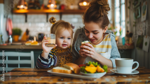 Beautiful young mom and little preschool kid having breakfast at home  sitting at kitchen table  drinking hot beverage  eating sandwiches with fresh vegetables. Mother feeding child 