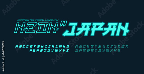 Neon Japan - Asian Japanese style vector type font in sci-fi cyberpunk style. Glow Futuristic Typography. Modern neon Japan style font. English Japanese letters	