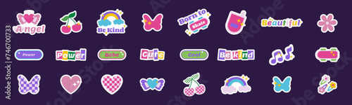 Set of glamorous trendy stickers in y2k style. 2000s design elements, butterfly, flowers, hearts, vintage icons and labels collection, nostalgia illustration. Vector