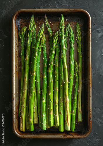 Illustration, green fresh asparagus, a very healthy food, on a dark background.