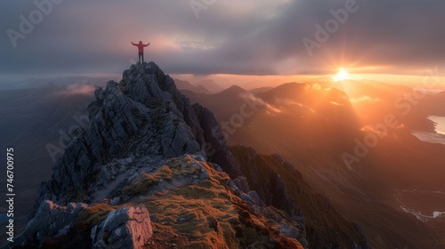 A figure celebrates atop a craggy peak with a dynamic sunrise backdrop, symbolizing personal success and the majesty of nature