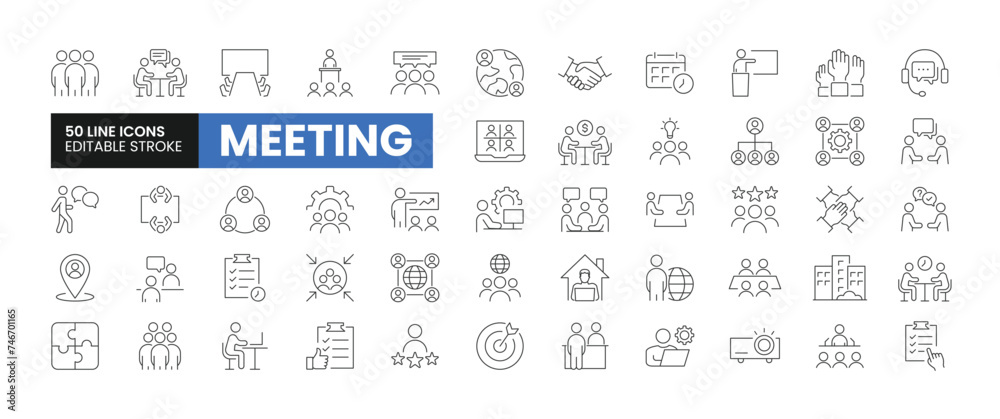 Set of 50 Meeting line icons set. Meeting outline icons with editable stroke collection. Includes Business Meetings, Conference, Summit, Work From Home, Online Meetings, and More. Set of 50 Meeting line icons set. Meeting outline icons with editable stroke collection. Includes Business Meetings, Conference, Summit, Work From Home, Online Meetings, and More.