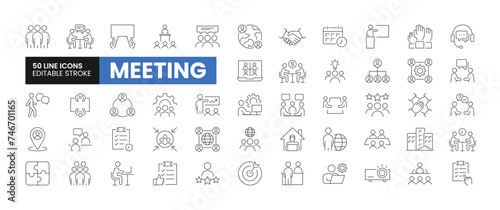 Set of 50 Meeting line icons set. Meeting outline icons with editable stroke collection. Includes Business Meetings, Conference, Summit, Work From Home, Online Meetings, and More.